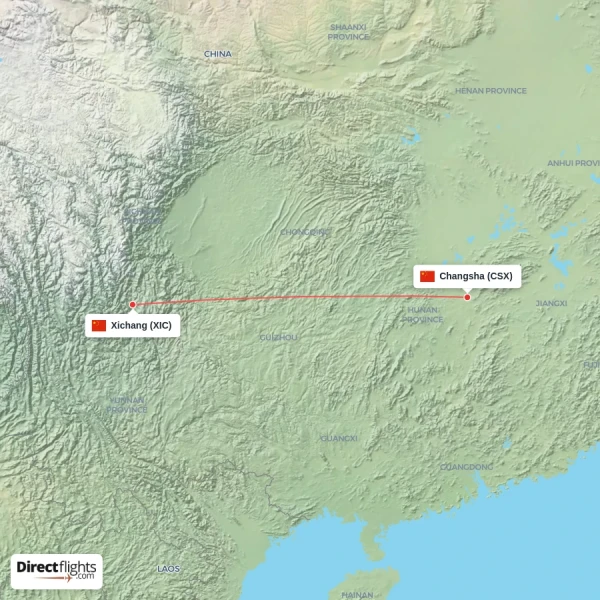 Xichang - Changsha direct flight map