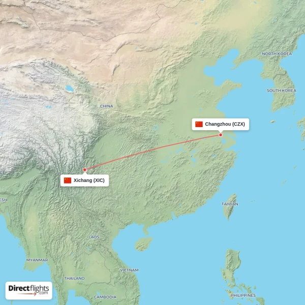 Xichang - Changzhou direct flight map