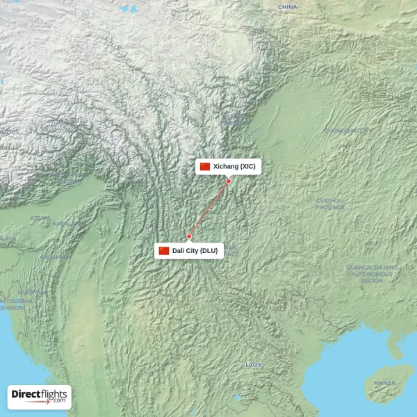 Xichang - Dali City direct flight map