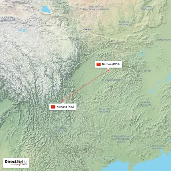 Xichang - Dazhou direct flight map