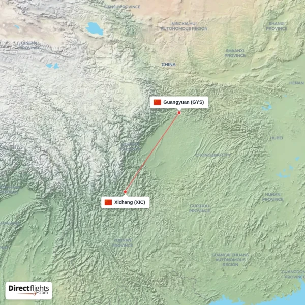 Xichang - Guangyuan direct flight map