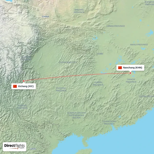 Xichang - Nanchang direct flight map