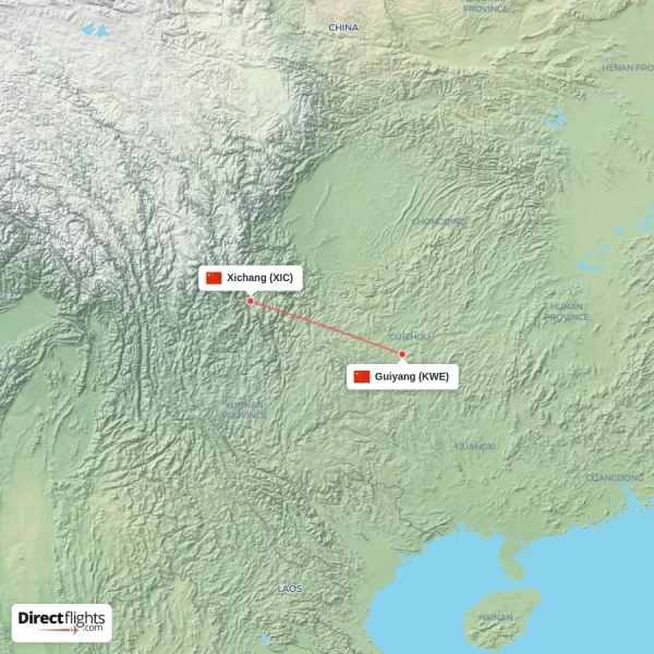 Xichang - Guiyang direct flight map