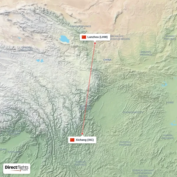 Xichang - Lanzhou direct flight map