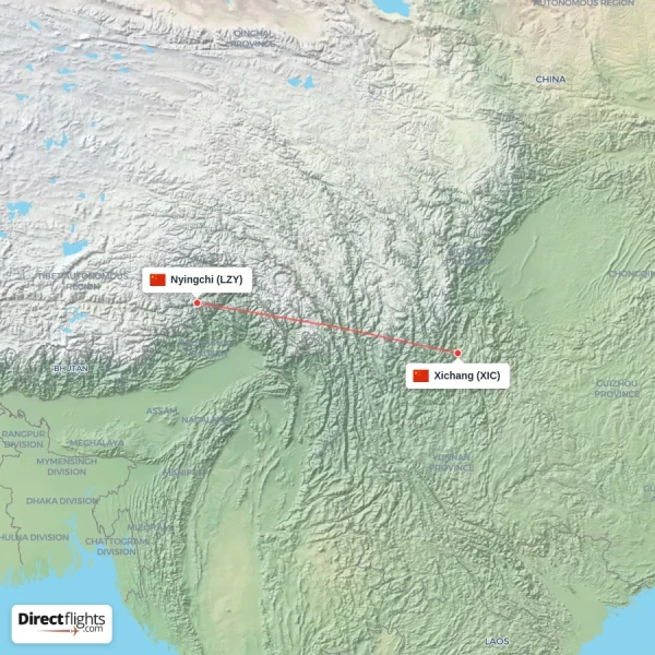Xichang - Nyingchi direct flight map