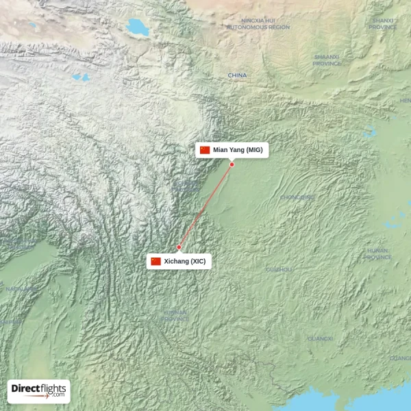 Xichang - Mian Yang direct flight map