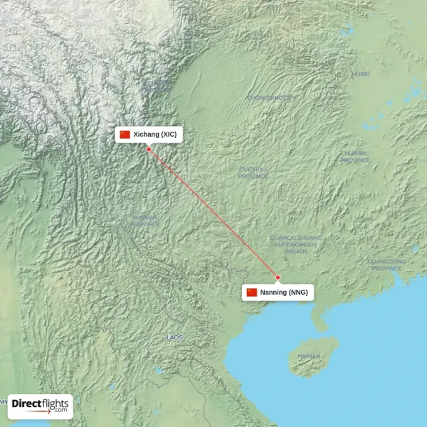 Xichang - Nanning direct flight map