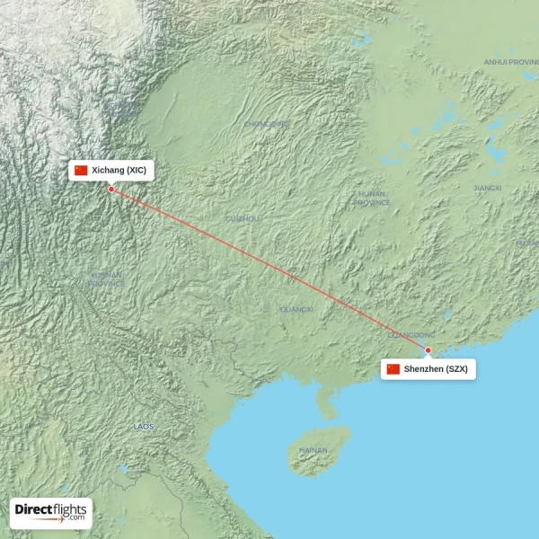 Xichang - Shenzhen direct flight map