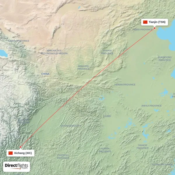 Xichang - Tianjin direct flight map
