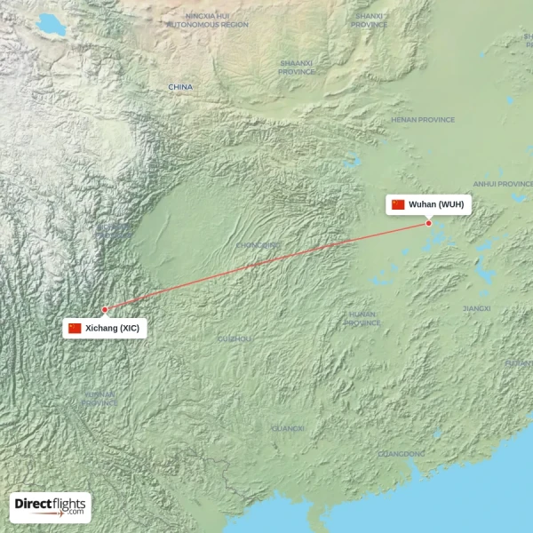 Xichang - Wuhan direct flight map
