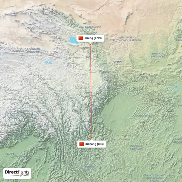 Xichang - Xining direct flight map