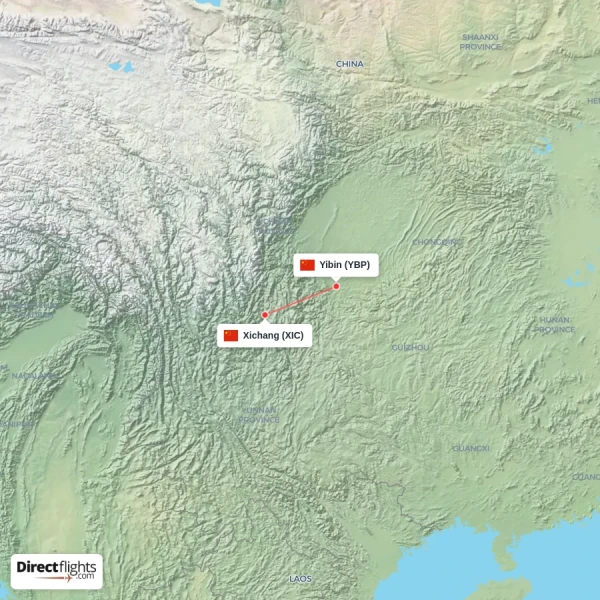 Xichang - Yibin direct flight map