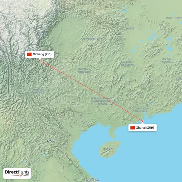 Xichang - Zhuhai direct flight map