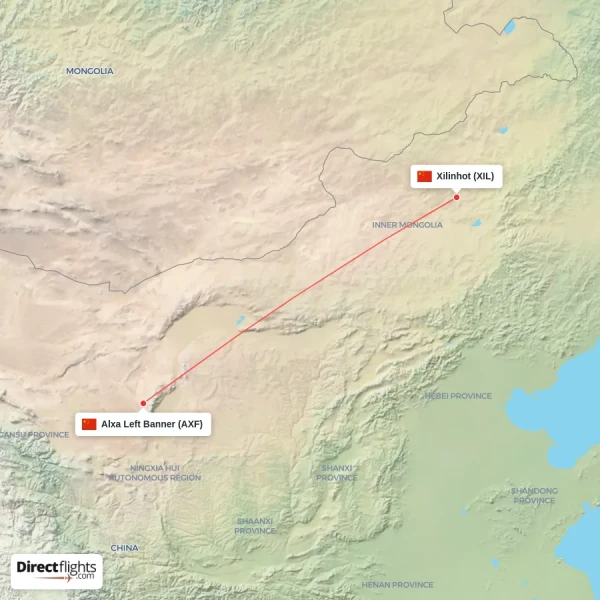 Xilinhot - Alxa Left Banner direct flight map