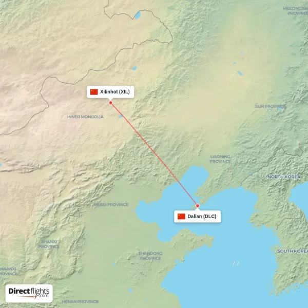 Xilinhot - Dalian direct flight map