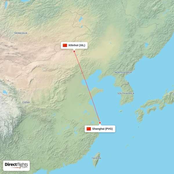 Xilinhot - Shanghai direct flight map