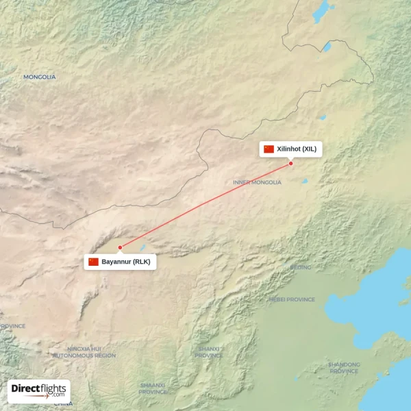 Xilinhot - Bayannur direct flight map