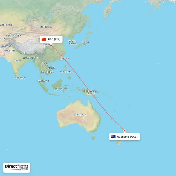 Xian - Auckland direct flight map