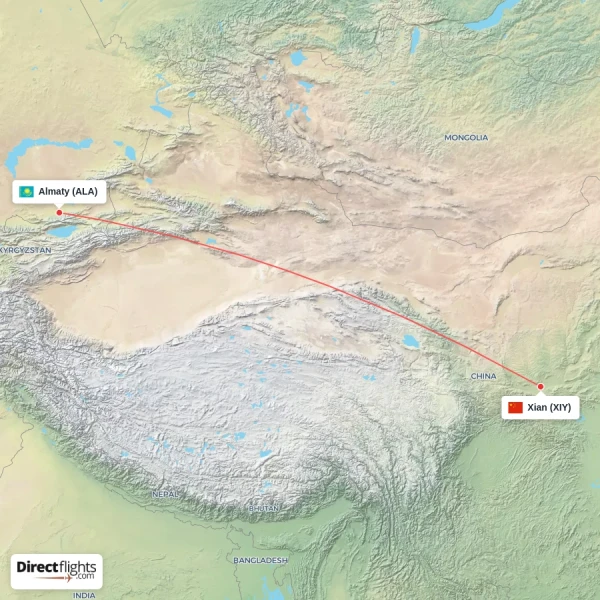 Xian - Almaty direct flight map