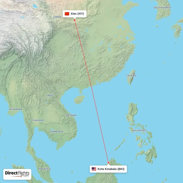 Xian - Kota Kinabalu direct flight map