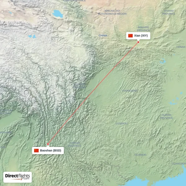 Xian - Baoshan direct flight map
