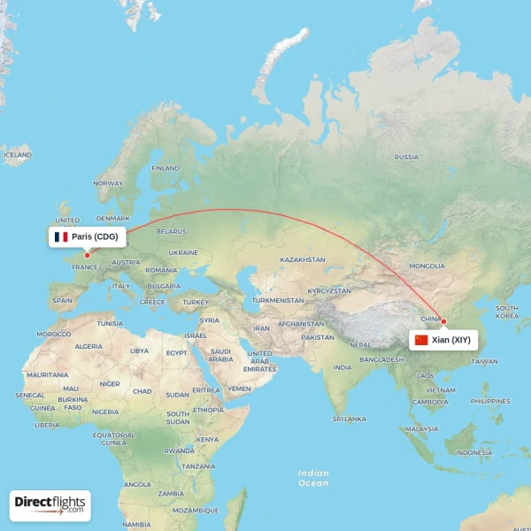 Xian - Paris direct flight map