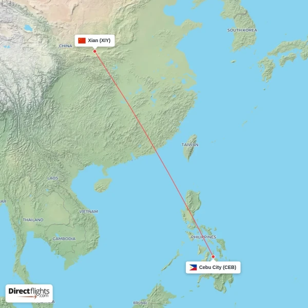 Xian - Cebu City direct flight map