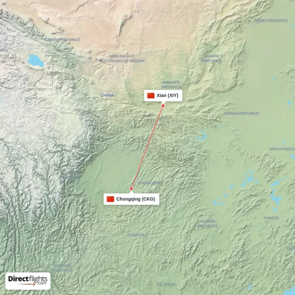 Xian - Chongqing direct flight map