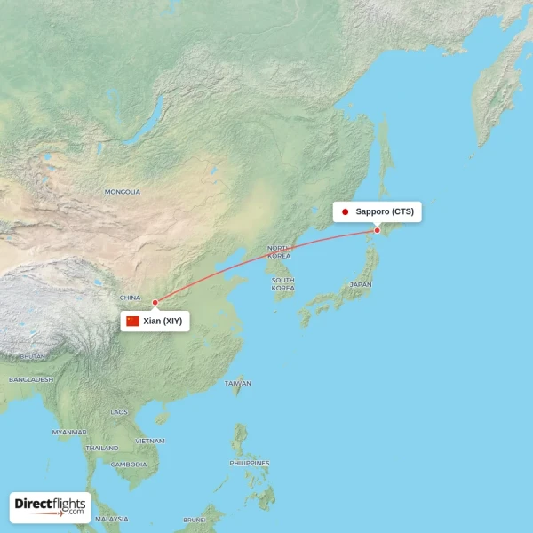 Xian - Sapporo direct flight map