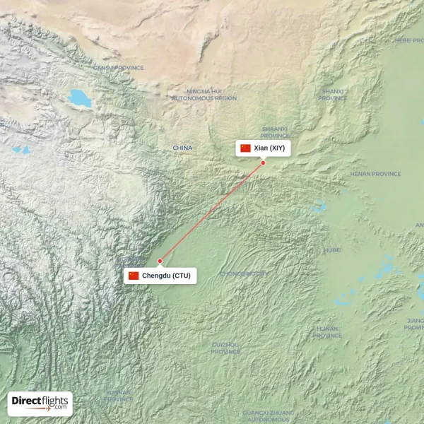 Xian - Chengdu direct flight map