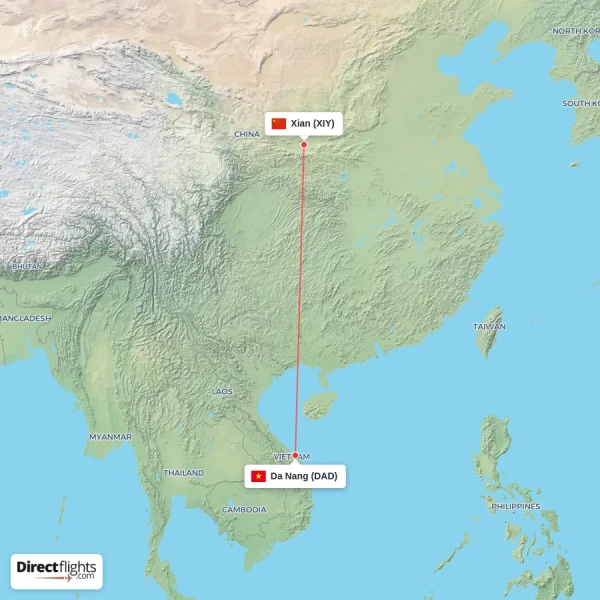Xian - Da Nang direct flight map