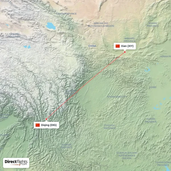 Xian - Diqing direct flight map