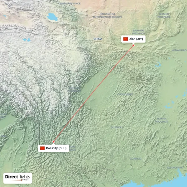 Xian - Dali City direct flight map