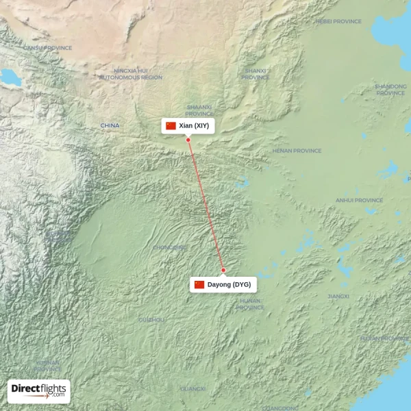 Xian - Dayong direct flight map