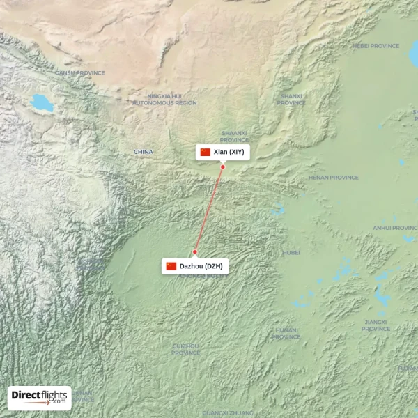 Xian - Dazhou direct flight map