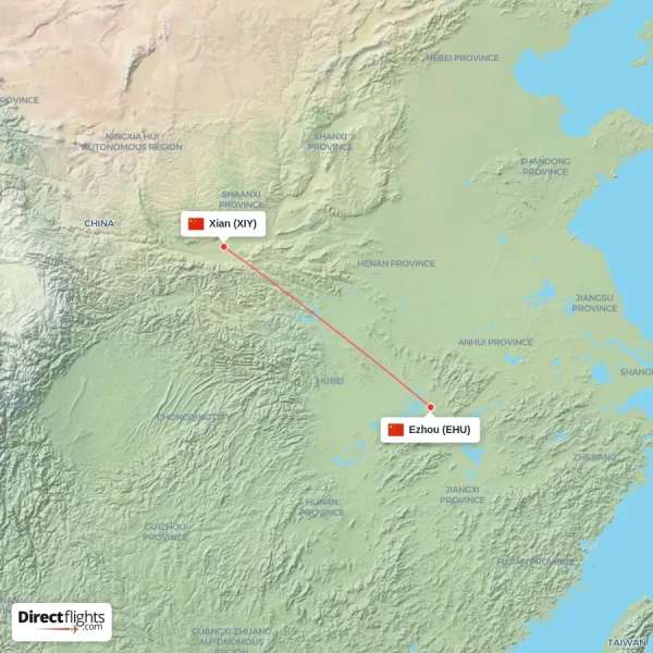 Xian - Ezhou direct flight map