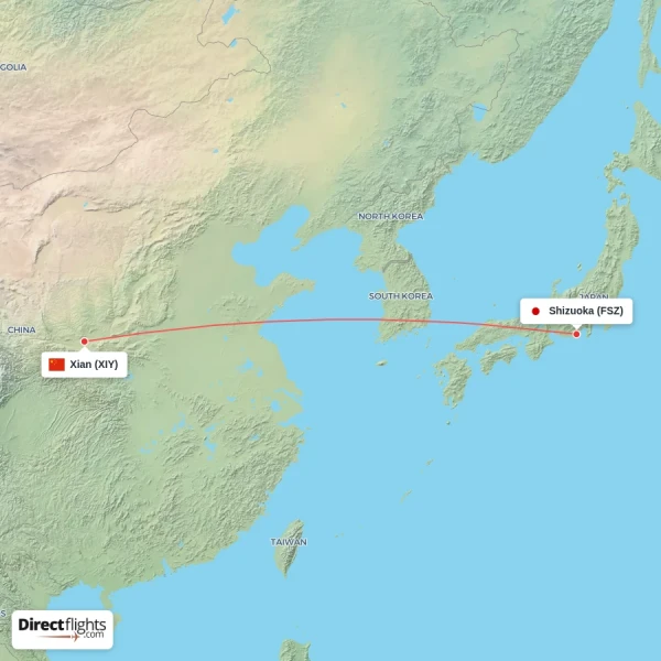 Xian - Shizuoka direct flight map