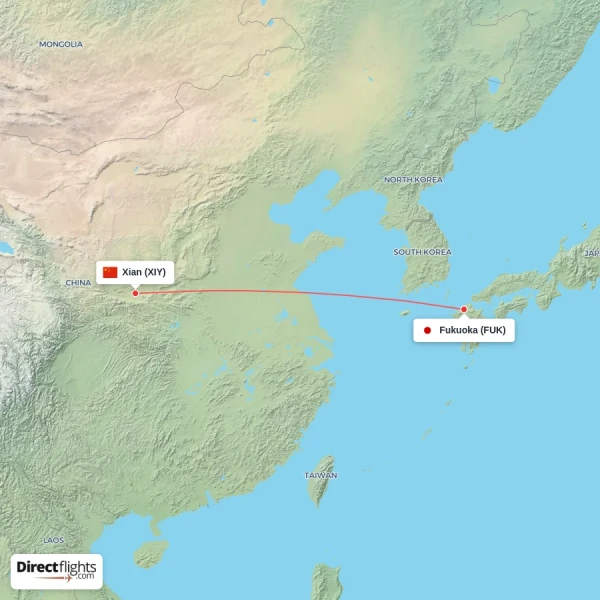 Xian - Fukuoka direct flight map