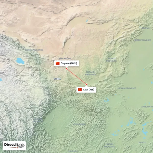 Xian - Guyuan direct flight map