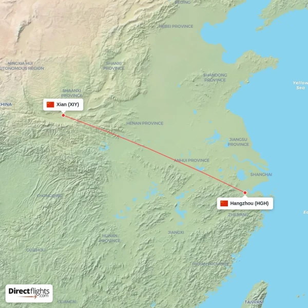 Xian - Hangzhou direct flight map