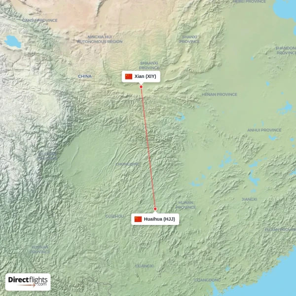 Xian - Huaihua direct flight map