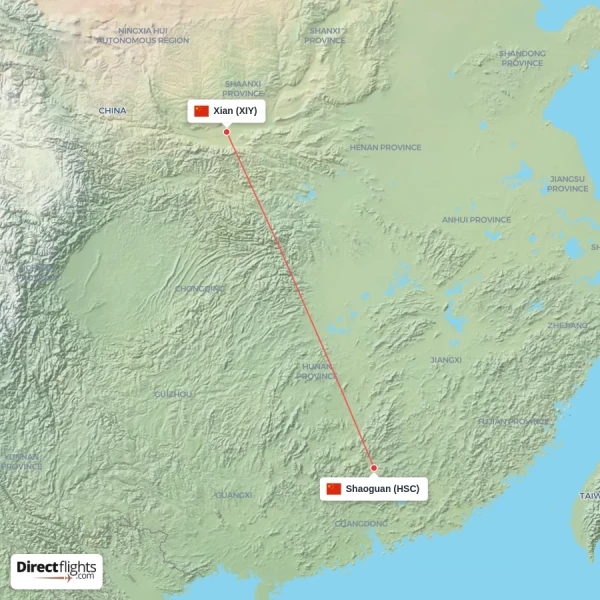 Xian - Shaoguan direct flight map