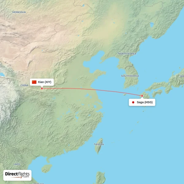 Xian - Saga direct flight map