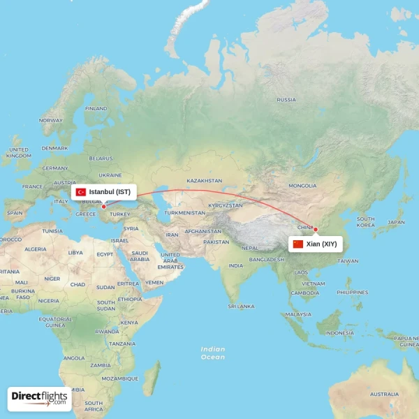 Xian - Istanbul direct flight map
