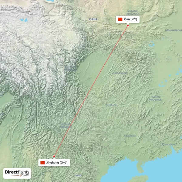 Xian - Jinghong direct flight map