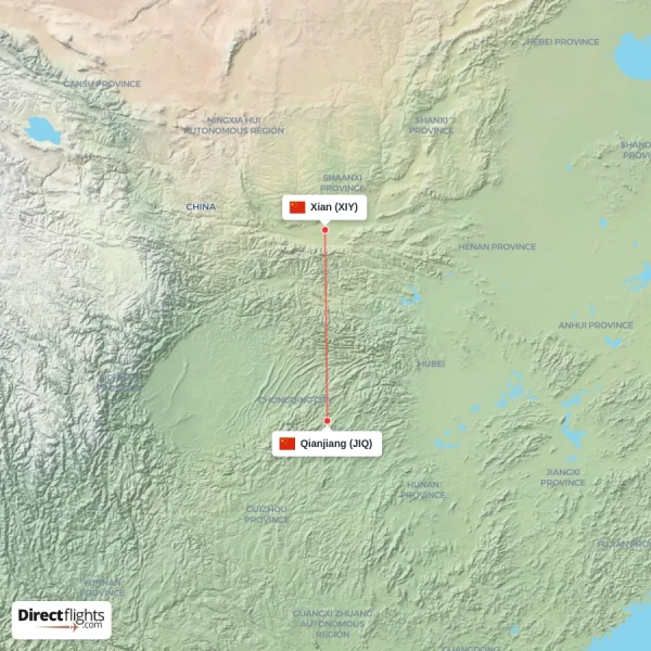 Xian - Qianjiang direct flight map