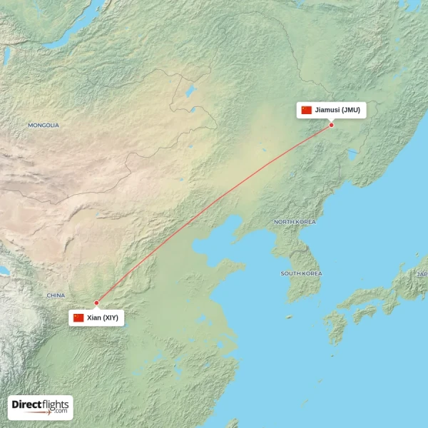 Xian - Jiamusi direct flight map