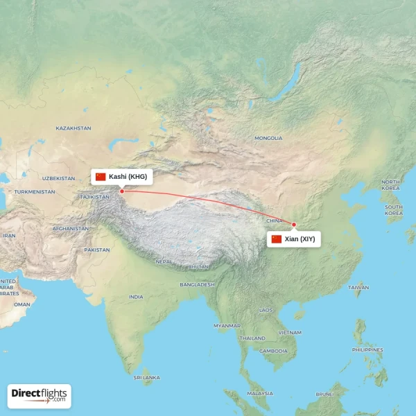 Xian - Kashi direct flight map