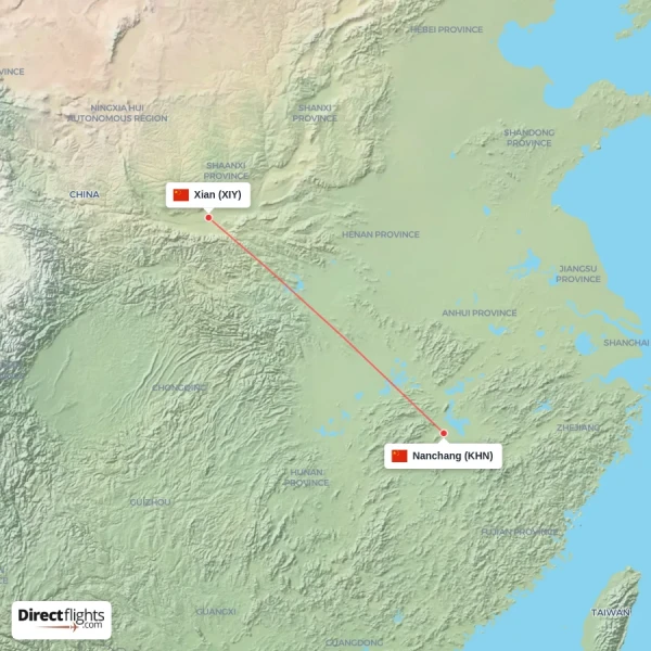 Xian - Nanchang direct flight map