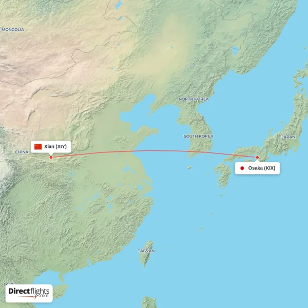 Xian - Osaka direct flight map